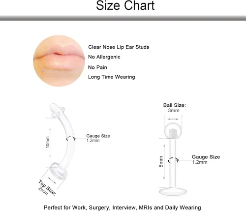Vista 2 de D.Bella Aretes de cartílago transparentes 16 unidades, 0.56oz, acrílico transparente, bioflex tragus, retenedor de labios, aretes de nariz, aretes