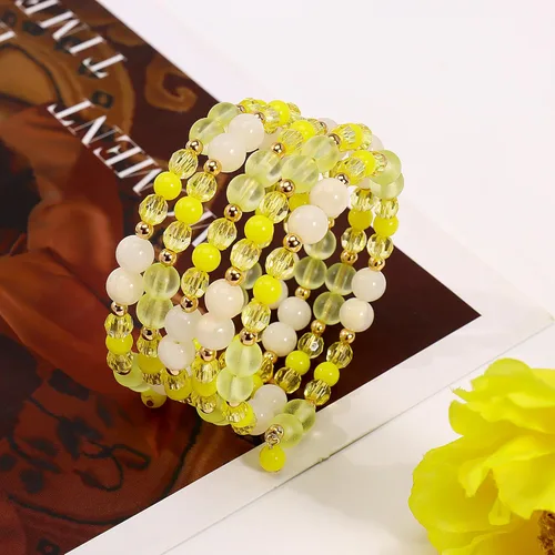 Vista 5 de Coiris Pulsera de cuentas amarillas de múltiples capas, pulsera ajustable para mujer BR1202