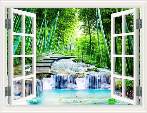 Vista 19 de Pintura autoadhesiva 3D, calcomanías de pared falsas para ventana, isla tropical con palmeras, mural de pared, vista de ventana, decoración de pared