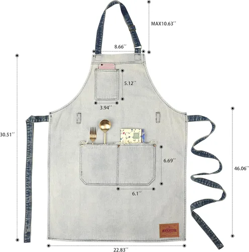 Vista 5 de Delantal de Chef de Mezclilla para Mujeres con Bolsillos, Delantal de Cocina de Camarera de Jean para Hombres para Cocinar Jardinería Pintura