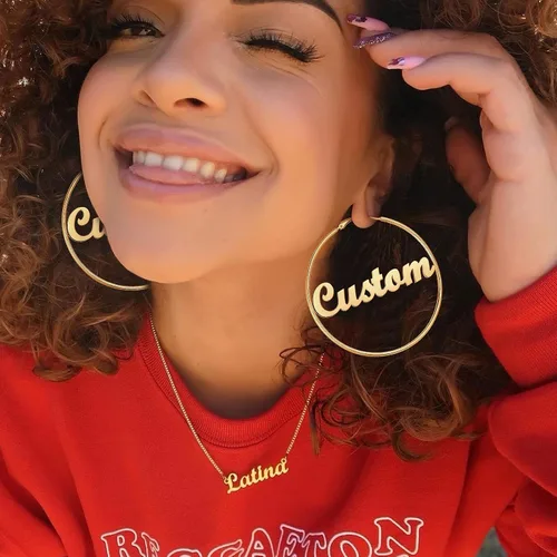 Vista 6 de FOCALOOK 18K Gold Plated Lightweight Thin Hoops Custom Name Hoop Huggie Earrings for Women 30405070100mm