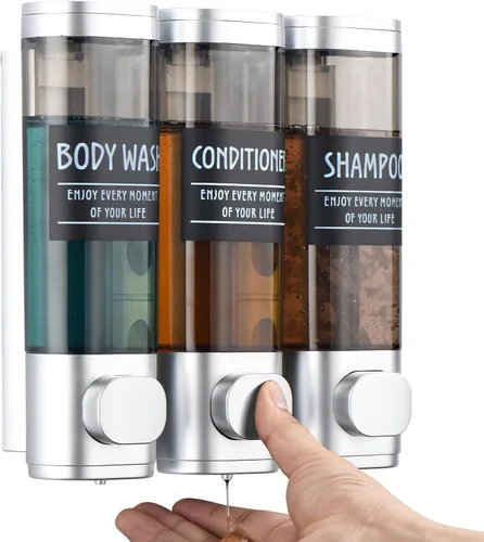 Vista 8 de Dispensador de Champú y Acondicionador, Dispensador de Ducha GlintGath de 3 Cámaras Sin Taladro, Dispensador de Champú para Ducha Montado
