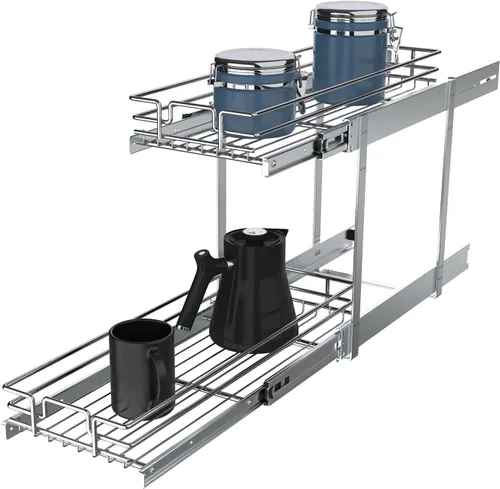 Vista 11 de Organizador de gabinete extraíble, estante deslizante de metal resistente para armarios de cocina, cromo, no incluye accesorios de puerta