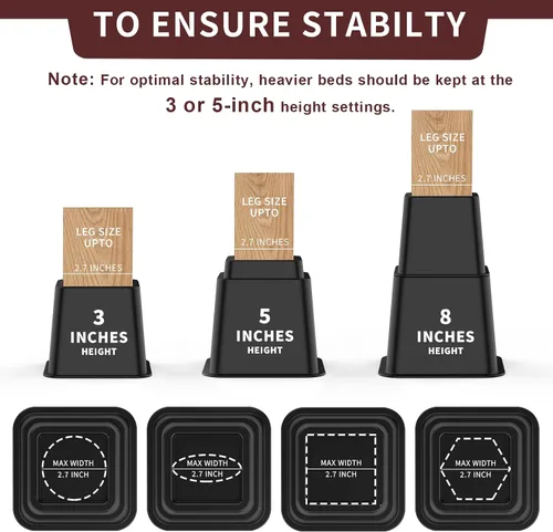 Vista 3 de Elevadores de cama ajustables de 3, 5, 8 pulgadas, resistentes, apilables, juego de 4 elevadores de cama para sofá, silla, mesa y escritorio