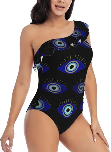 Vista 4 de Augenstern One Shoulder Ruffle Swimsuits Turkish-Evil-Eye-Symbol Monokinis Bathing Suits One Piece Swimwear