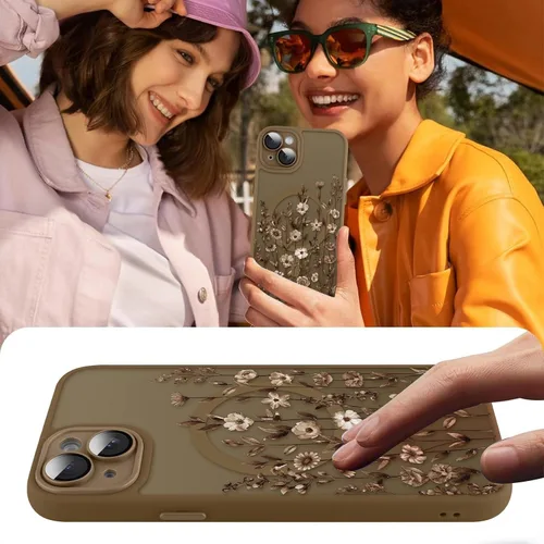 Vista 6 de Funda magnética para iPhone 13 con protector de pantalla [compatible con MagSafe], diseño de patrón floral de flores, a prueba de golpes, para Marrón