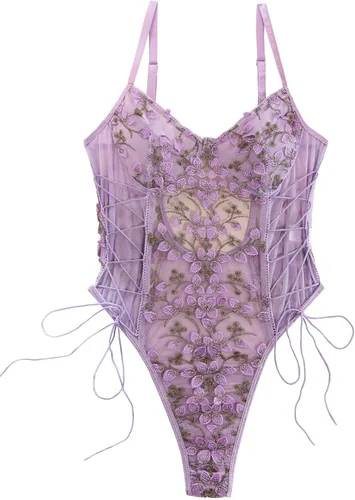 Vista 22 de Lilosy Teddy de Lencería Sexy para Mujer con Cordones y Bordado Floral, Body Top de Malla Transparente de Una Pieza Verde militar
