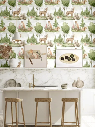 Vista 4 de Blooming Wall DPY25-5 - Papel tapiz autoadhesivo removible con diseño de animales en bosques verdes