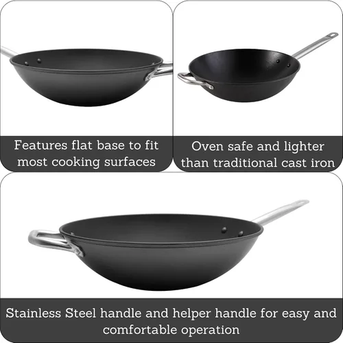 Vista 2 de Imusa LCI-19008 USA - Wok de hierro fundido ligero de 14 pulgadas, antiadherente, con asas de acero inoxidable, utensilios de cocina, color negro