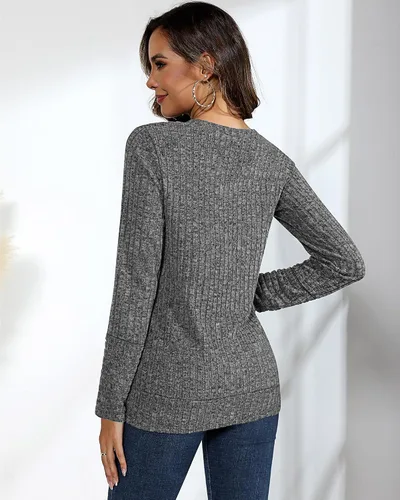 Vista 4 de Ficerd Paquete de 2 suéteres de manga larga con cuello en V para mujer, ligeros, color sólido, estilo casual