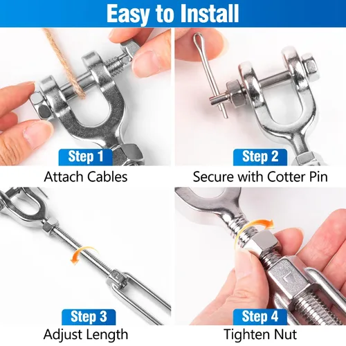 Vista 7 de 2 tensores M12 de 1/2 pulgada de acero inoxidable 304 de mandíbula y mandíbula tensor de mandíbula, tensor de cable resistente, límite de carga