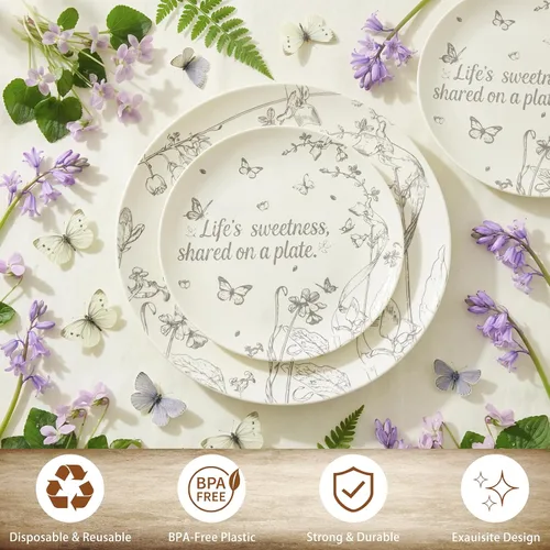 Vista 6 de EI - Juego de 60 platos de plástico color crema, cena de 10.25 pulgadas y platos florales de postre de 7.5 pulgadas, elegantes platos de plástico