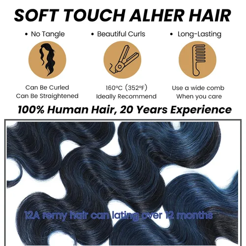 Vista 4 de Black Mix Blue Highlight Bundle Cabello humano ondulado 14 16 18 IN