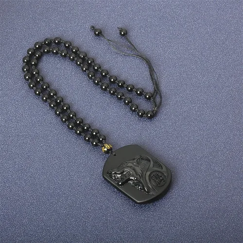 Vista 4 de Collar de obsidiana negra con dije de protección de amuleto de la suerte con cadena de cuentas extendida, piedra de cristal curativo, collares