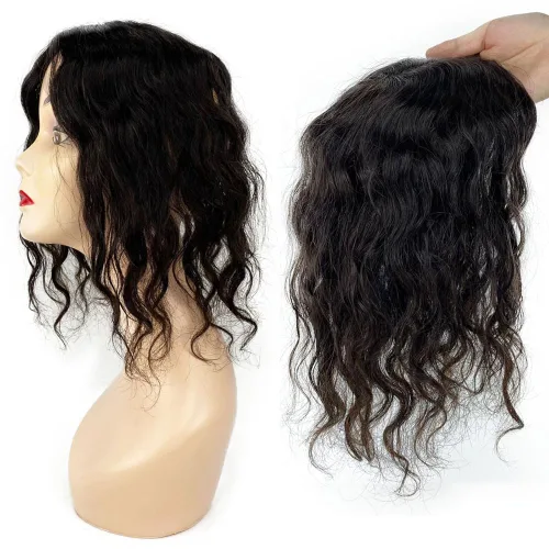 Vista 3 de Base superior de seda con clip para mujer, 5.9x5.9 in de largo, europeo, ondulado, virgen, cabello humano, pieza de cabello transpirable para #1