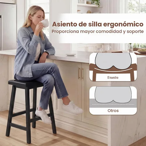 Vista 6 de COSTWAY Juego de 2 taburetes de madera maciza de 24 pulgadas con reposapiés Negro