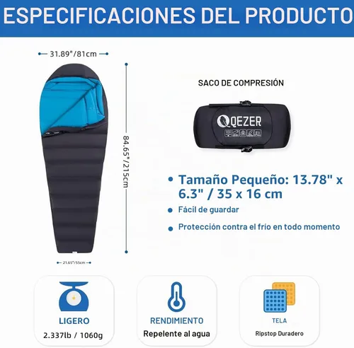 Vista 2 de Down Mummy Sleeping Bag for Adults, 600 Fill Power Backpacking