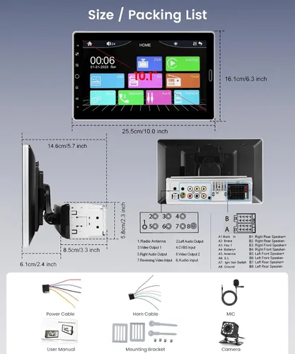 Vista 7 de 10.1 pulgadas estéreo de coche DIN inalámbrico CarPlay Android Auto Mirror Link, pantalla táctil desmontable Radio de coche con BT
