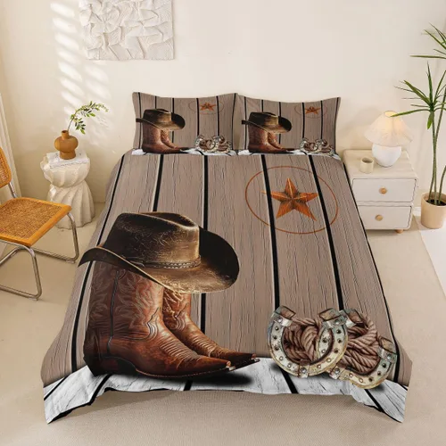 Vista 11 de Funda de edredón de herradura con diseño de estrellas de Texas, estilo occidental, rústico, verde azulado, juego de ropa de cama individual