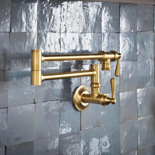 Vista 2 de Moen Grifo de cocina de doble junta montada en pared con brazo oscilante plegable de oro cepillado, S664BG