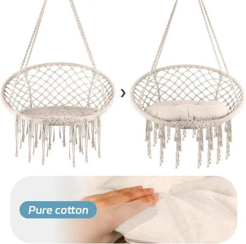 Vista 2 de Silla columpio de macramé con cojín y accesorios extraíbles, hamaca resistente tejida a mano con cuerda de algodón, soporta 330 libras para patio