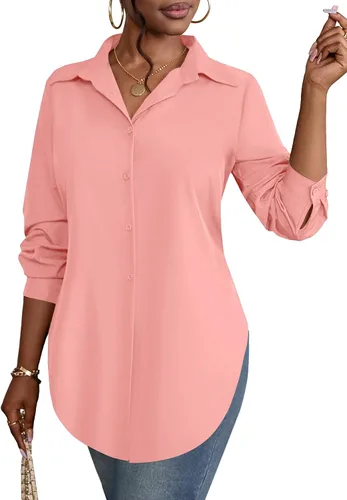 Vista 36 de Rooscier Blusa larga con cuello en V para mujer, manga larga, abertura lateral, con botones