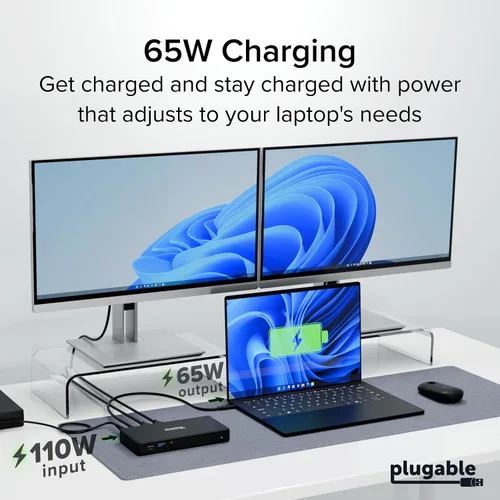 Vista 8 de Estación de acoplamiento USB-C Plugable Dual 4K 60Hz HDMI, carga de 65W, Gigabit Ethernet, 1x USB-C 5Gbps, 3X USB-A, Audio, Windows/ChromeOS