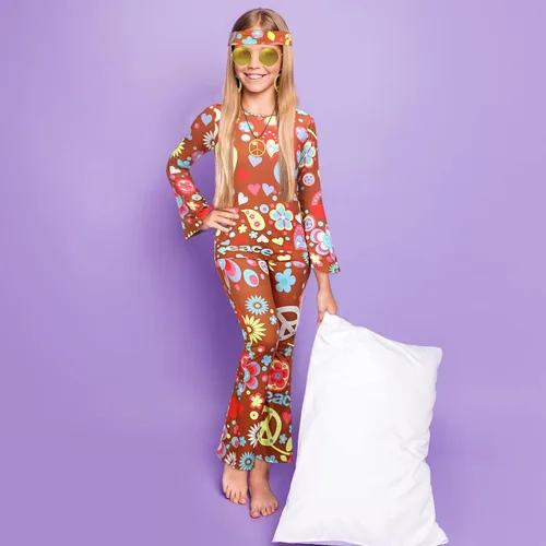 Vista 4 de 7 piezas de traje hippie de los años 60 y 70 para niños y niñas, disfraz hippie de Halloween, camisa de discoteca, pantalón, signo de la paz