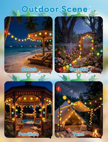 Vista 7 de Guirnalda de luces multicolor para exteriores, tira de luces de patio de 8.5 pies con 10 mini linternas colgantes, luces decorativas impermeables