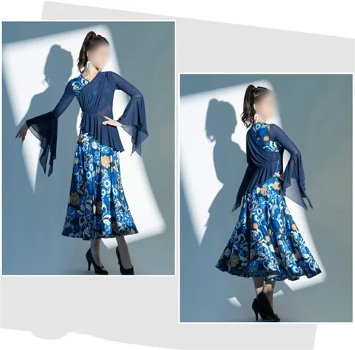 Vista 5 de DANN Flora - Disfraces de baile de malla, manga larga, vestido de baile de tango Foxtrot