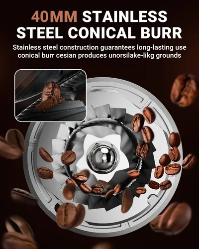 Vista 4 de AMZCHEF Molinillo de Café, Molinillo de Granos de Café con Rebaba para Uso Doméstico con 48 Configuraciones de Molienda Precisas, Embudo Desmontable