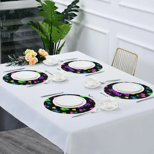 Vista 7 de Manteles individuales redondos de color negro a granel con oso de feliz cumpleaños para niños de 15 x 15 pulgadas individuales para mesa de comedor