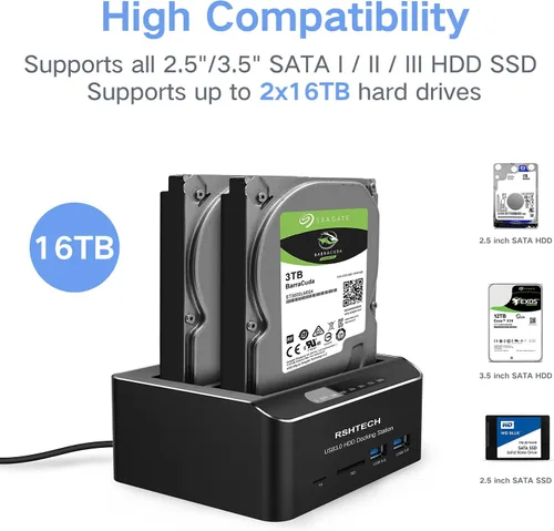 Vista 4 de Estación de acoplamiento para disco duro RSHTECH USB 3.0 Aluminio Dual Bay Hard Drive Dock para 2.5" y 3.5" SATA HDD SSD con lector de tarjetas
