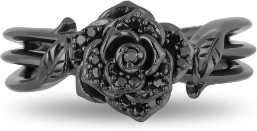 Vista 3 de Jewelili Enchanted Disney Fine Jewelry Anillo de plata de ley con rodio negro de 15 Cttw tratado con diamantes redondos negros y rosa maléfica