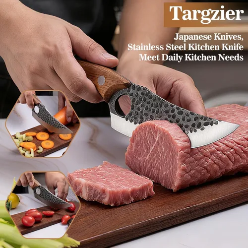 Vista 5 de Cuchillo de chef, cuchillo de cocina para deshuesar, cortar y cortar, cuchillo de carnicero forjado a mano, cuchillo japonés de acero inoxidable