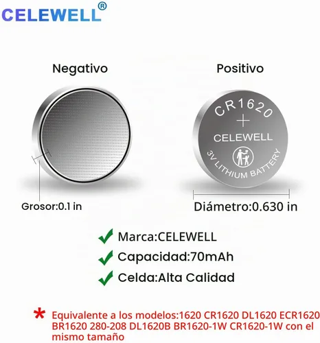 Vista 2 de CELEWELL CR1620 - Paquete de 5 baterías de litio para rastreador de llaves, 70 mAh, 3 V, batería de litio