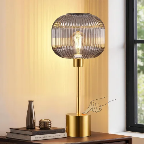 Vista 11 de QiMH - Lámpara de mesa de vidrio para sala de estar, lámpara de mesita moderna con pantalla de vidrio acanalada verde, lámpara de mesita de noche
