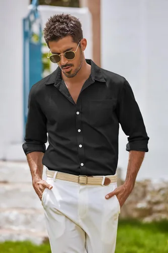 Vista 34 de COOFANDY Camisa Oxford de manga larga con botones para hombre, camisas de vestir de ajuste regular