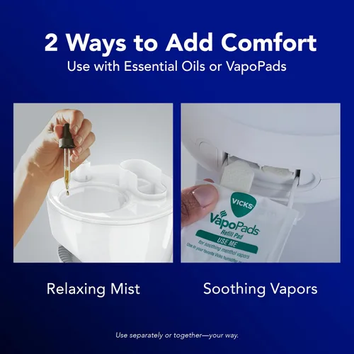 Vista 6 de Vicks NaturalCare Humidificador ultrasónico de niebla fría (VUL530), blanco, habitación pequeña, humidificador y difusor con luz nocturna, funciona