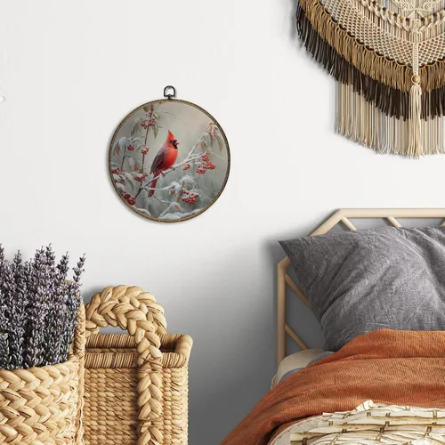 Vista 3 de OINDADE Arte Decorativo de Pared Redondo de Cardenal Invernal, Arte de Pared Colgante de Cardenal Navideño, Imágenes de Pájaros Decoración de Pared