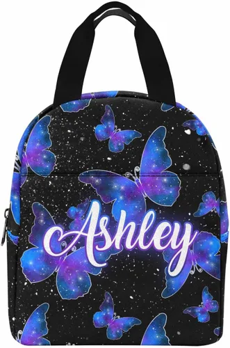 Vista 20 de InterestPrint Bolsa de almuerzo con nombre personalizado para hombres y mujeres, diseño de mariposa rosa y azul personalizada, caja de almuerzo