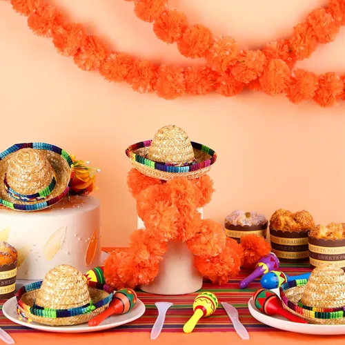 Vista 5 de 12 maracas de madera de colores y 6 sombreros de mini sombrero, recuerdos de fiesta mexicana y suministros para carnavales