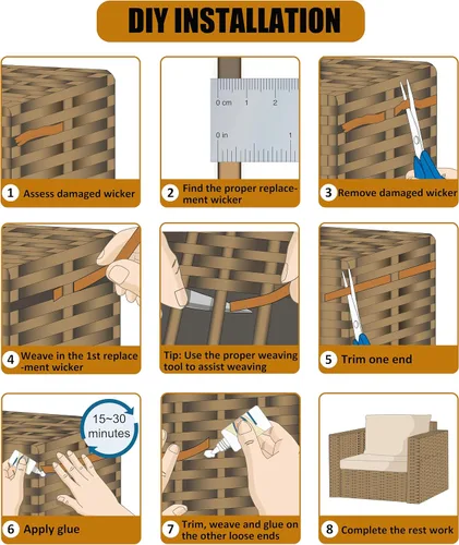 Vista 3 de Kit de reparación de mimbre de plástico de grano de madera ligera de 130 pies con herramienta de tejido de acero inoxidable, material de ratán