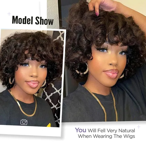 Vista 6 de Pelucas de cabello humano corto rizado Bob peluca para mujeres negras, sin encaje, peluca rizada grande con flequillo, corte pixie, pelucas Negro