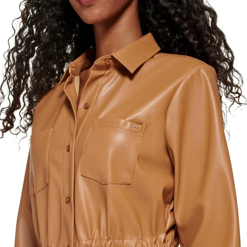 Vista 4 de Calvin Klein Chaqueta ligera de cuero con cuello de cintura ajustada para mujer