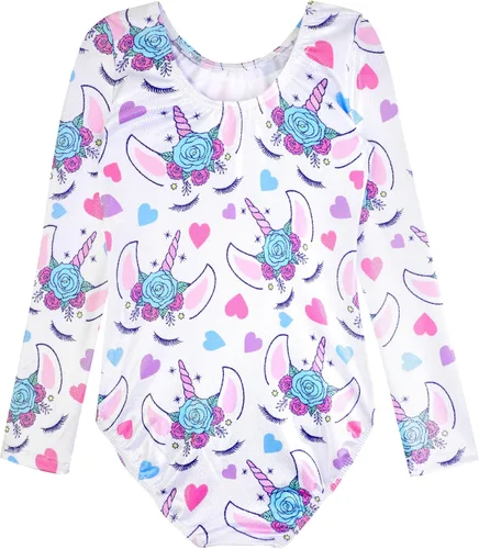 Vista 12 de HOZIY - Leotardos de manga larga para niñas, de gimnasia, para niños pequeños, trajes florales de unicornio, galaxia, arco iris, patrón de rayas