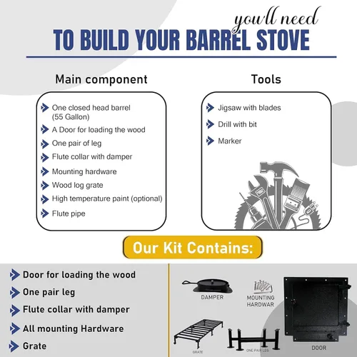 Vista 3 de Barrel Woodstove Kit for 30-55 Gallon Barrel, 55G Burn Barrel