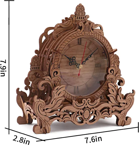 Vista 3 de OWNONE 1 Kit de modelo de reloj de madera 3D para adultos, reloj de escritorio de bricolaje, rompecabezas 3D de madera oscura, regalos