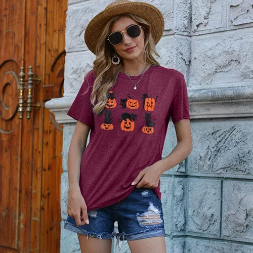 Vista 2 de JINTING Camisas de gato negro para mujer, camiseta de calabaza de Halloween, camiseta gráfica de Halloween, camiseta de manga corta