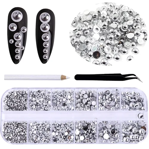 Vista 12 de RODAKY 2000 perlas medias para manualidades, perlas semicirculares con parte trasera plana para uñas, 6 tamaños, cuentas de perlas beige, diamantes